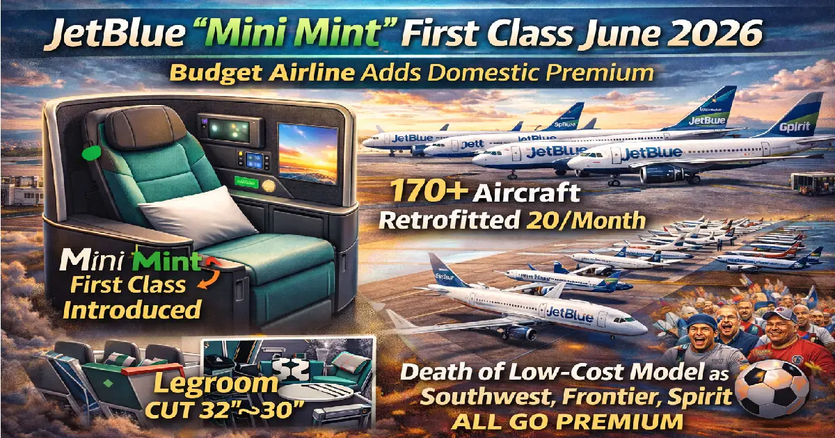 JetBlue Mini Mint first class cabin June 2026 showing Collins seats, economy legroom cut 32" to 30", aircraft transformation