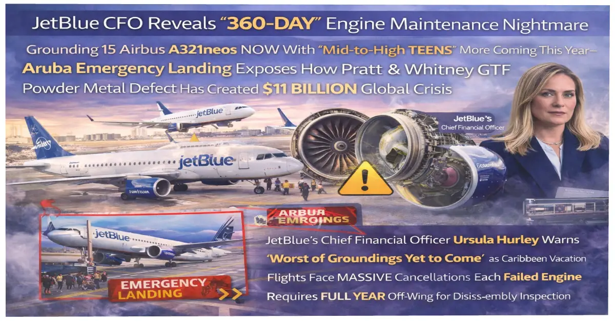 JetBlue Airways Airbus A321neo grounded Fort Lauderdale maintenance hangar January 2026 Pratt Whitney PW1100G geared turbofan GTF 360-day shop visit powder metal defect 15 aircraft out of service CFO Ursula Hurley mid-teens grounding projection Caribbean routes cancelled