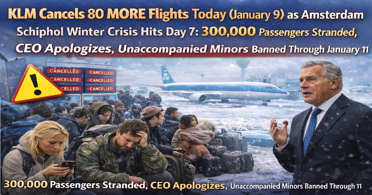 KLM Schiphol Airport 80 flights cancelled January 9 2026 Day 7 winter weather crisis Storm Goretti 300000 passengers stranded Amsterdam chaos