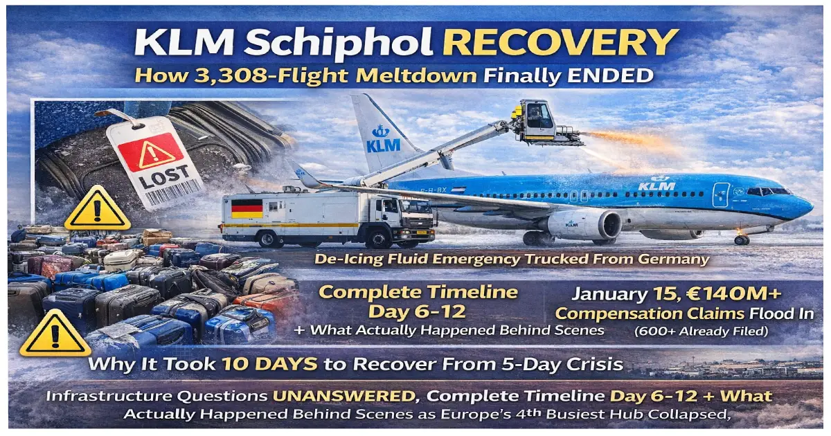 KLM Schiphol Airport recovery January 2026 showing empty terminals after 3308 flight cancellations crisis resolved de-icing fluid trucks from Germany baggage reunions compensation claims