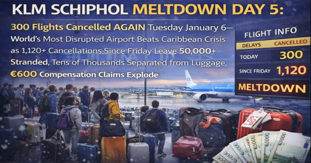 Schiphol Airport winter chaos Day 5: KLM 300 flights cancelled, stranded passengers, luggage piles, snow-covered runways 2026
