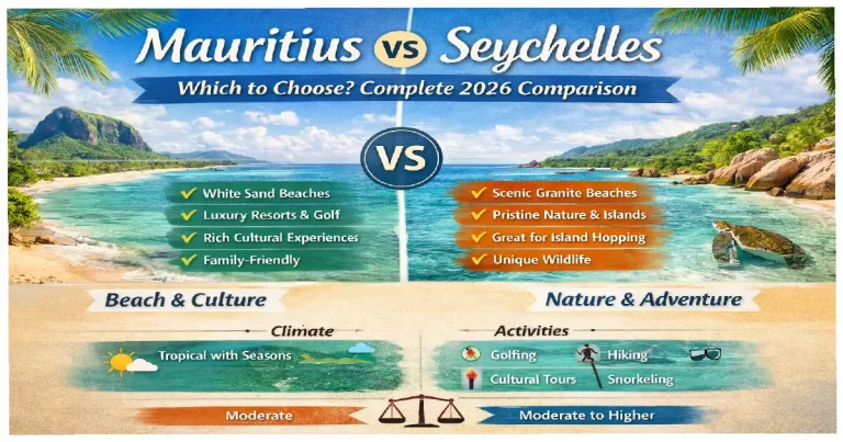 comparing Mauritius Le Morne mountain with turquoise lagoon against Seychelles Anse Source d'Argent granite boulders beach