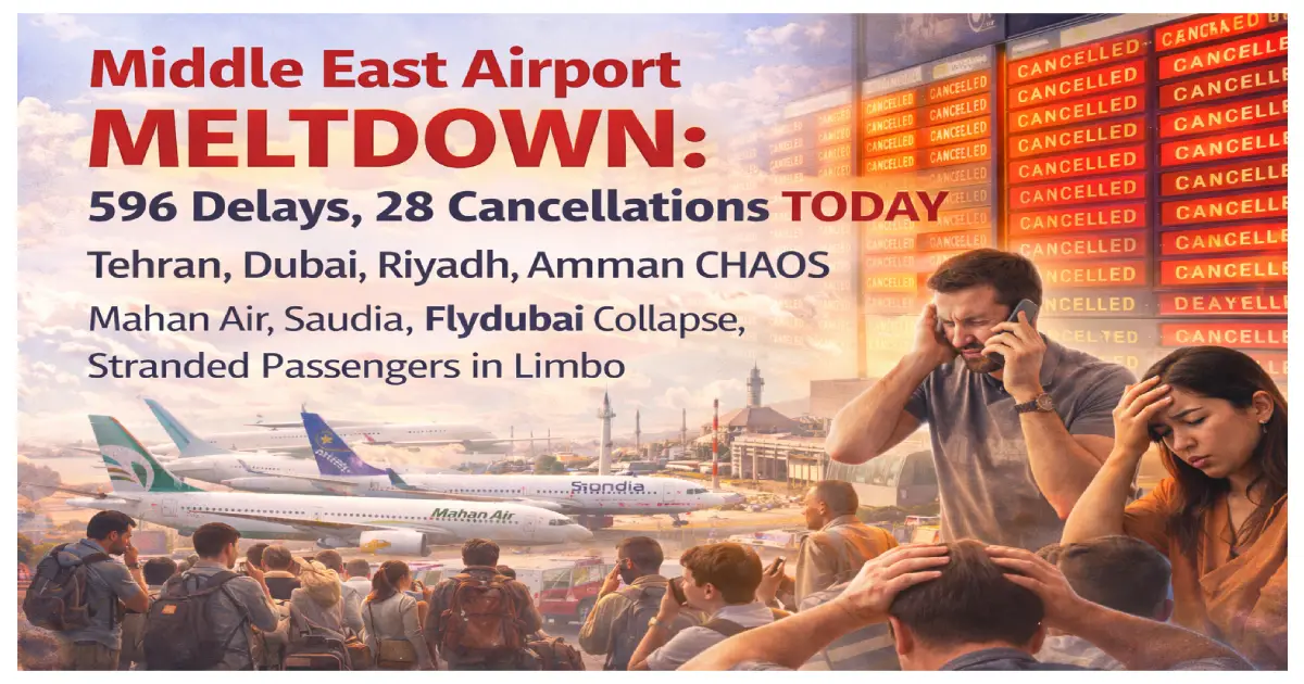 Middle East airports chaos January 14 2026 Tehran Dubai Riyadh Jeddah Amman 596 flight delays 28 cancellations tourism crisis stranded passengers regional map