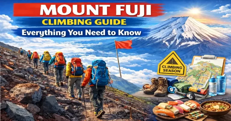 Mount Fuji summit at sunrise with climbers wearing headlamps ascending Japan's highest peak 3776 meters