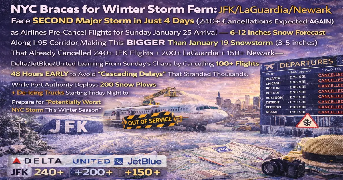 NYC Winter Storm Fern January 23-25 2026 JFK LaGuardia Newark airports brace second major storm 4 days after January 19 snowstorm airlines pre-cancel flights Delta JetBlue United 6-12 inches snow forecast I-95 corridor Sunday arrival