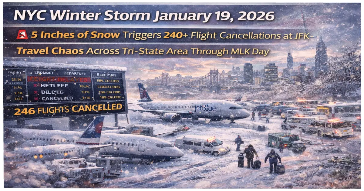 Snow-covered runways at JFK Airport as NYC winter storm on January 19, 2026 triggers over 240 flight cancellations across the Tri-State Area