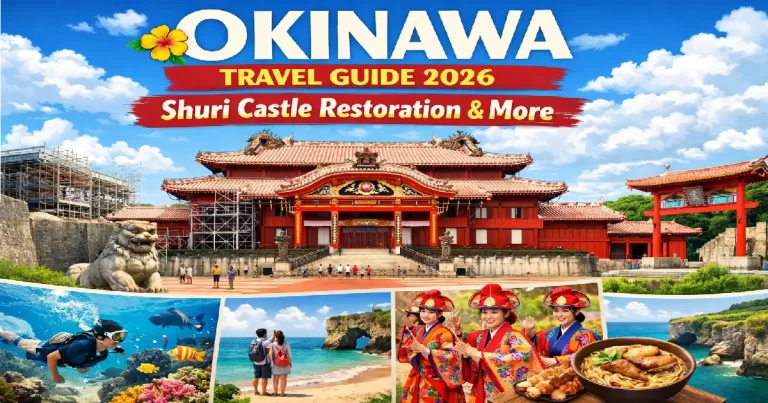 Shuri Castle restoration in Okinawa Japan 2026 with turquoise ocean and traditional Ryukyu architecture