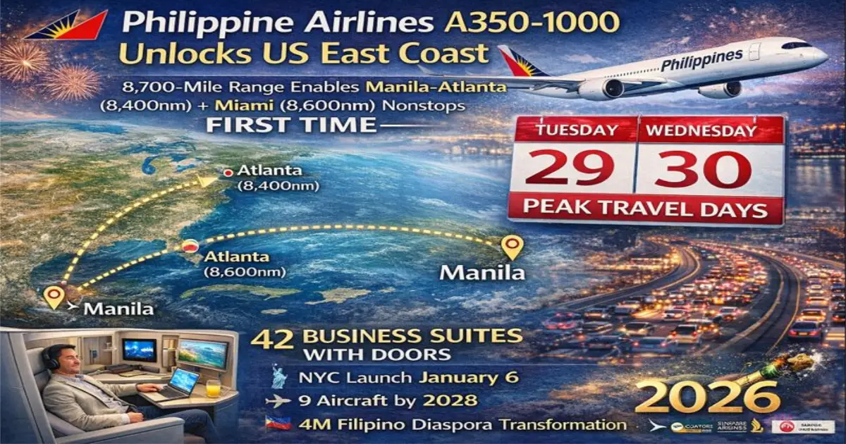 PAL A350-1000 route map Manila to Atlanta and Miami nonstop potential, 8,700nm range, first Philippines-Southeast US direct 2026