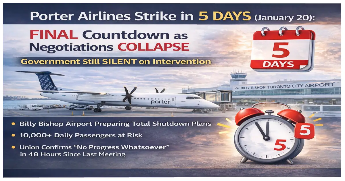 Porter Airlines strike 5 days final countdown January 20 2026 Billy Bishop Toronto airport shutdown negotiations collapsed government silent