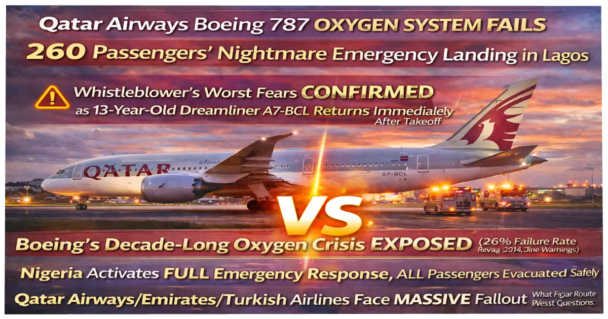 Qatar Airways Boeing 787-8 Dreamliner registration A7-BCL makes emergency landing at Murtala Muhammed International Airport Lagos Nigeria on January 16 2026 after oxygen system failure detected mid-flight with 248 passengers and 12 crew members safely evacuated