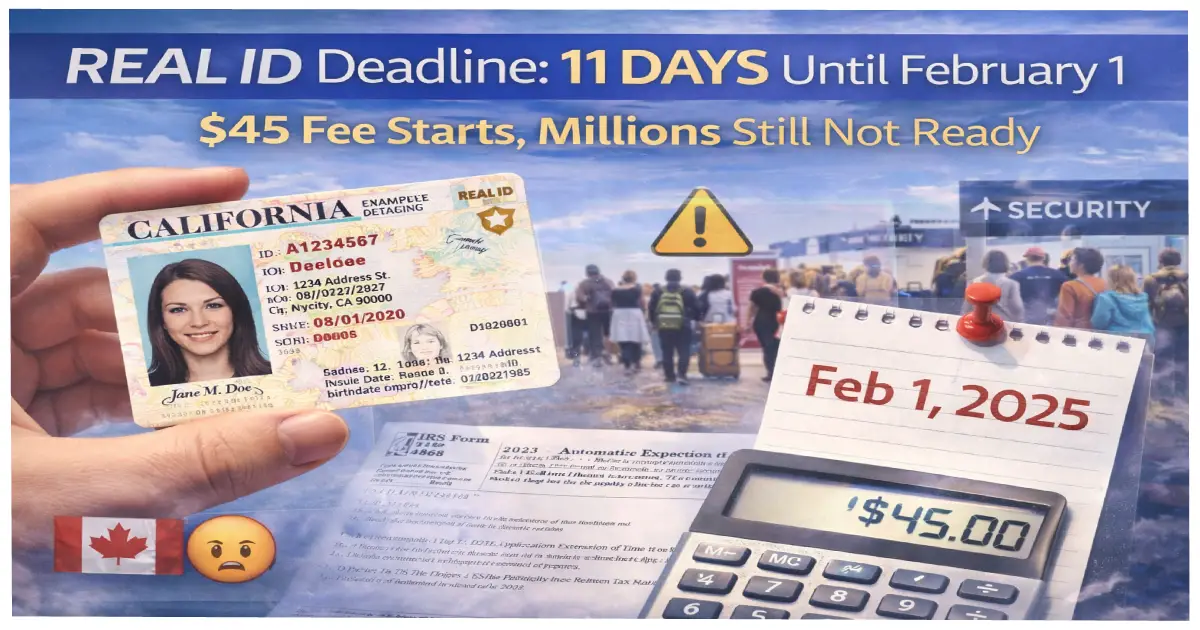 Real ID deadline countdown 11 days until February 1 2026 when TSA begins charging 45 dollar ConfirmID fee to 18 million non-compliant Americans without Real ID star symbol on driver license showing compliance guide