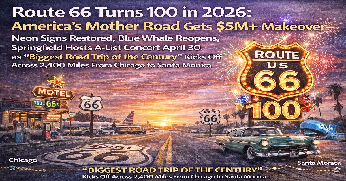Route 66 100th anniversary centennial 2026 neon signs restoration Oklahoma Illinois Chicago Santa Monica Mother Road celebration