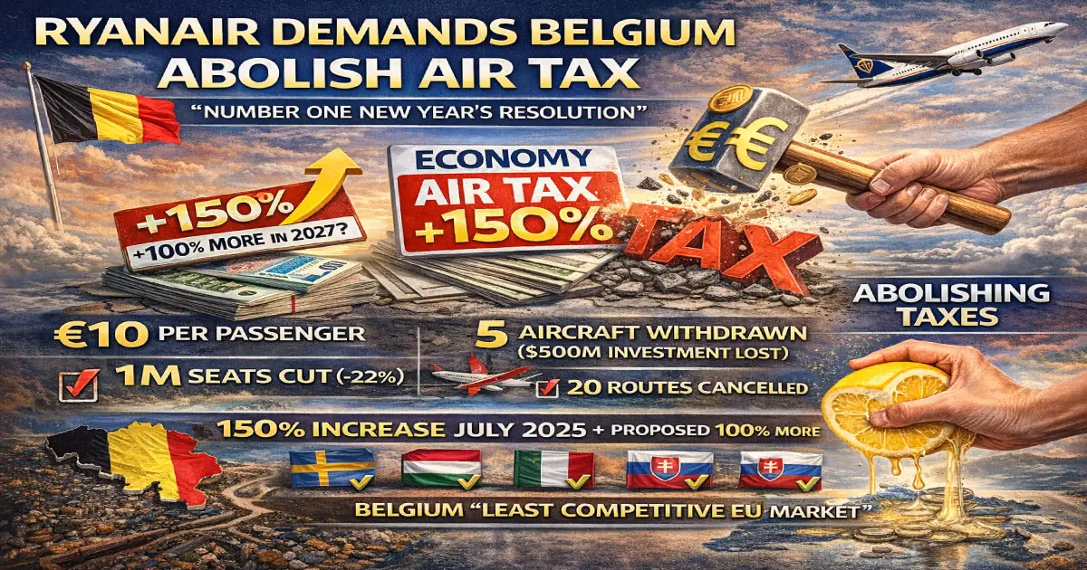 Ryanair Belgium air tax protest 150% increase July 2025, 1 million seats cut, 5 aircraft withdrawn, route cancellations map