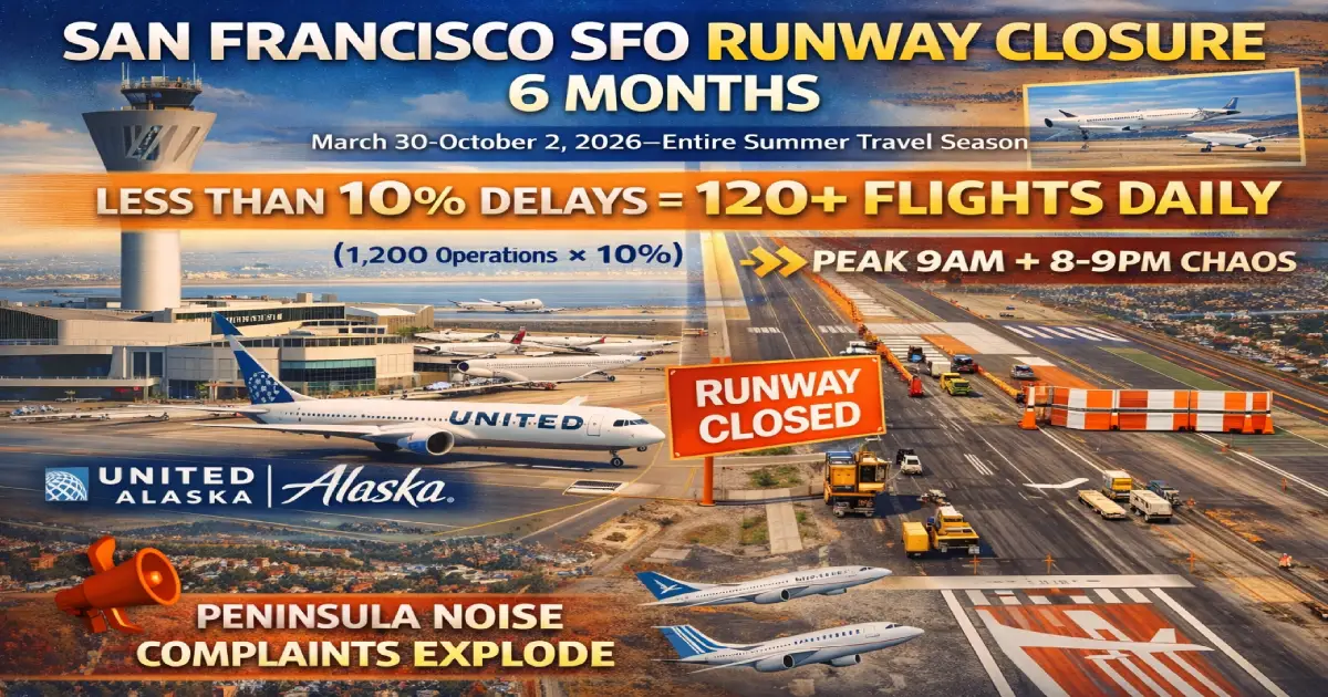 SFO Runway 1R closure March-October 2026: 6 months summer, all departures Runways 28L/28R, Peninsula noise, 120+ daily delays