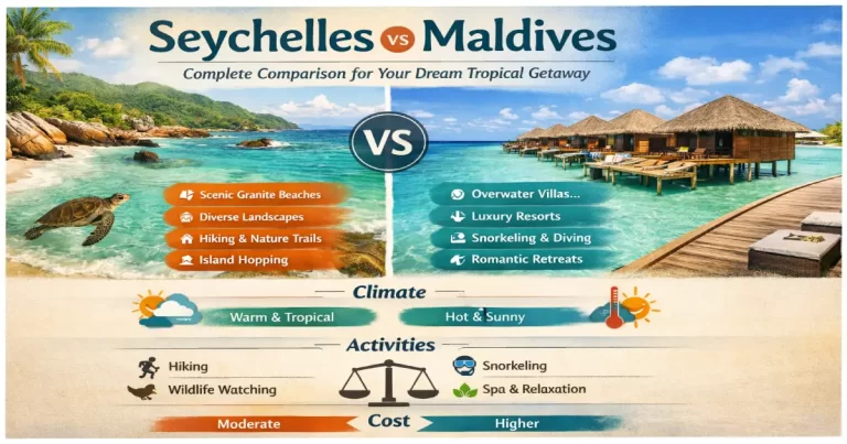 Split image comparing Seychelles dramatic granite boulders and lush jungle against Maldives pristine white sand beach with overwater villas
