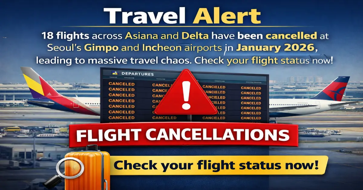 South Korea Seoul travel chaos 18 flights cancelled Asiana Delta Gimpo Jeju Incheon January 2026 travel news