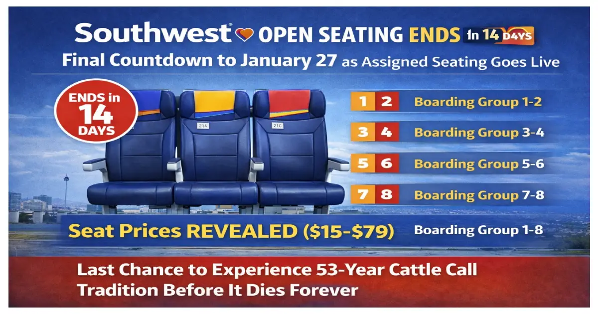 Southwest Airlines gate boarding January 2026 last 14 days open seating cattle call ends January 27 assigned seating countdown final flights