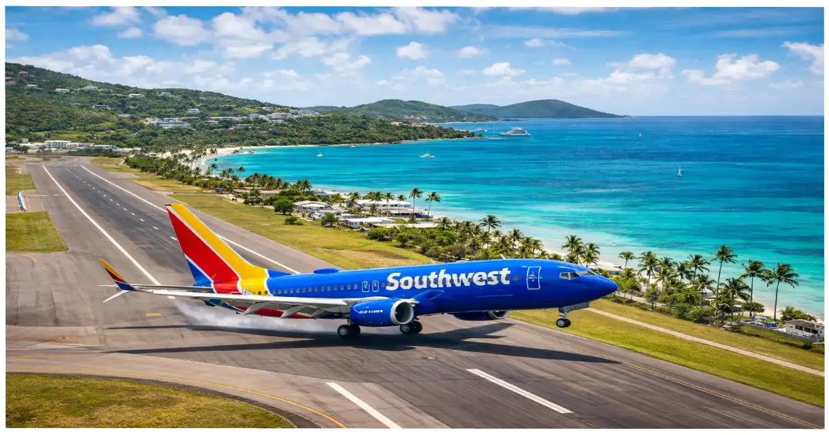 Southwest Airlines Boeing 737 MAX aircraft landing at Cyril E King Airport St Thomas US Virgin Islands February 2026 inaugural flight from Orlando and Baltimore marking first new Southwest destination since Syracuse 2021