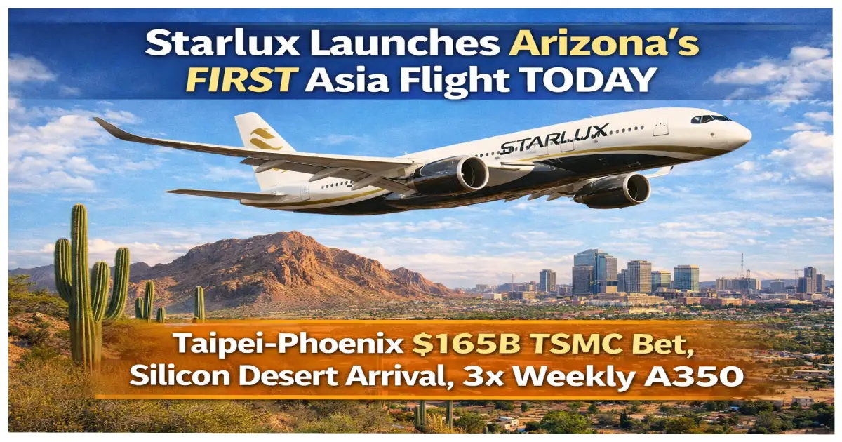 Starlux Airlines Airbus A350-900 aircraft at Phoenix Sky Harbor Airport January 15 2026 inaugural flight to Taipei Taiwan marking Arizona first ever nonstop Asia connection driven by TSMC 165 billion dollar semiconductor investment Silicon Desert