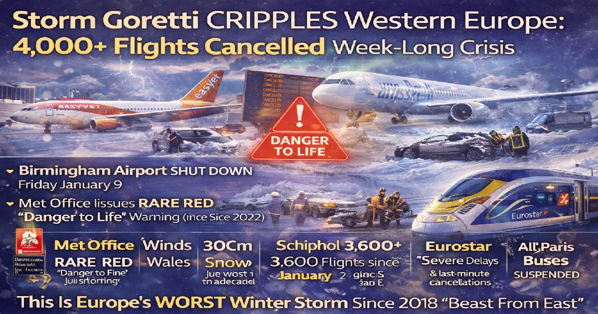 Storm Goretti Europe 4000 flights cancelled Birmingham Airport closed UK Met Office RED danger to life warning 99mph winds 30cm snow January 2026