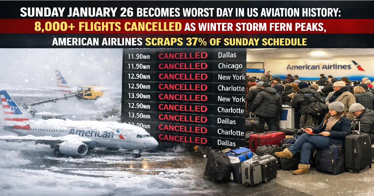 Sunday January 26 2026 worst day aviation history map showing 8000 plus flights cancelled winter storm fern LaGuardia 85 percent shutdown American Airlines 37 percent cancellations nationwide