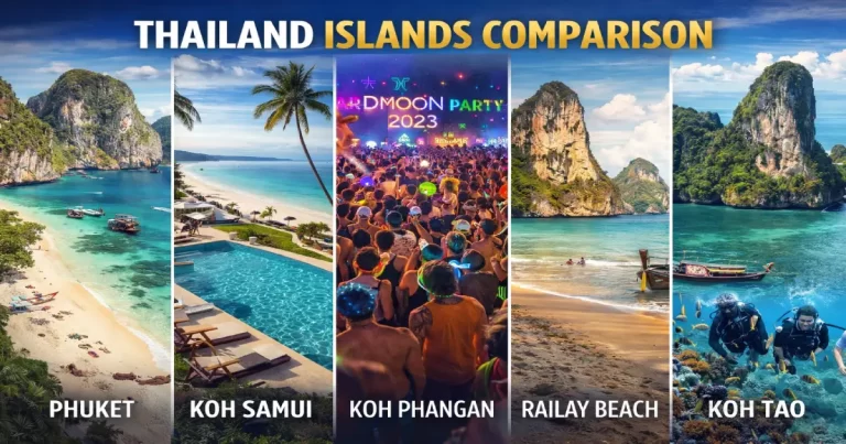Thailand islands comparison collage showing Phuket beaches with limestone cliffs, Koh Samui luxury beachfront resorts, Koh Phangan Full Moon Party crowds, dramatic Railay Beach karsts, and Koh Tao underwater diving scenes representing diverse island experiences