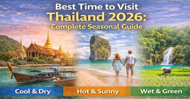 Thailand seasonal weather collage showing rainy season lush green landscapes, cool season clear mountain views, hot season beaches, and burning season haze illustrating when to visit different regions