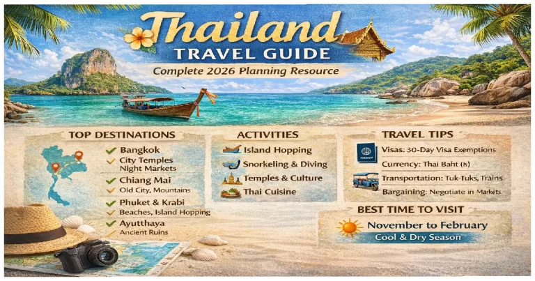 Thailand travel guide 2026 showing Bangkok temples, southern islands beaches and northern mountains