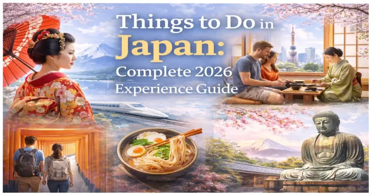 Things to do in Japan collage showing traditional temple, Mount Fuji, sushi experience and Tokyo street scenes