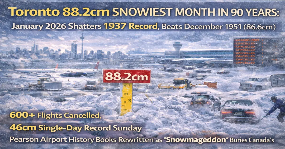 Toronto 88.2cm snowiest month 90 years January 2026 Pearson Airport record history 1937 46cm single day snowfall