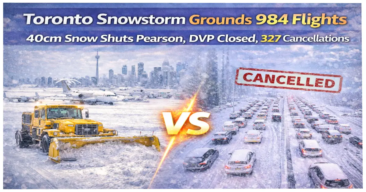 Toronto Pearson Airport snowstorm January 16 2026 showing 40cm snow accumulation on runways with 984 flights cancelled and delayed causing travel chaos across Canada