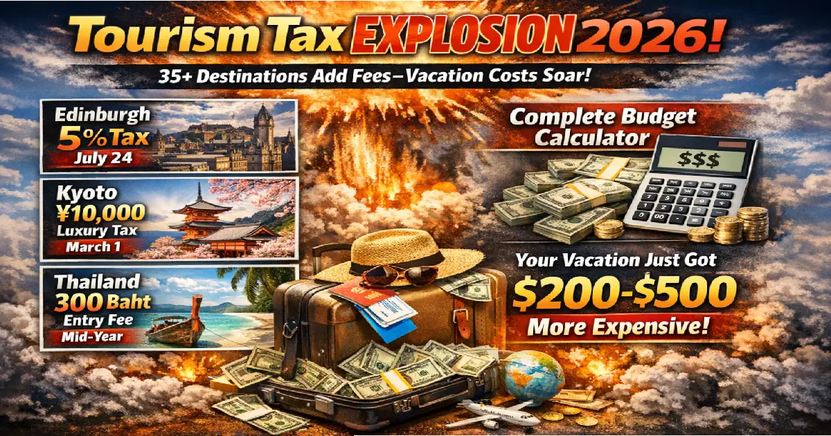 Tourism tax 2026 infographic: Edinburgh 5% July 24, Kyoto ¥10,000 March 1, Thailand 300 baht, budget calculator comparison