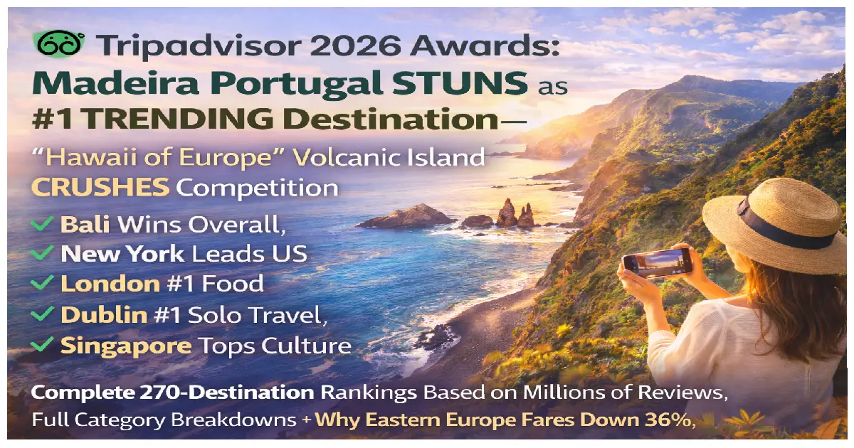 TripAdvisor 2026 Travelers Choice Awards best destinations world map showing Madeira Portugal number one trending Bali Indonesia overall winner New York London Dublin rankings