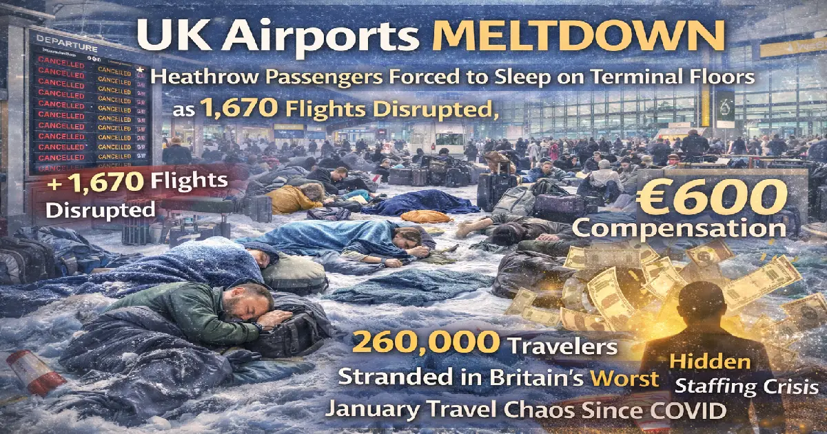 UK airports chaos January 2026 Heathrow passengers sleeping on terminal floors 1670 flights disrupted Manchester Gatwick staffing crisis 600 euro compensation