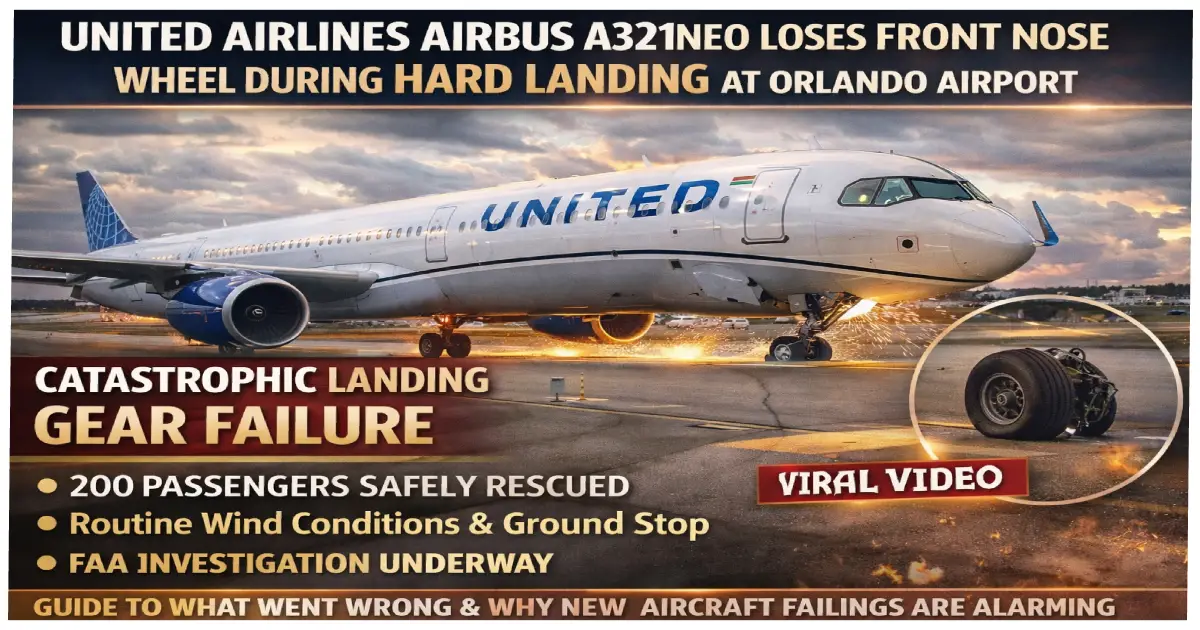United Airlines Airbus A321neo registration N14502 hard landing Orlando International Airport January 18 2026 right nose wheel separated detached 54 mph wind gusts 200 passengers trapped runway 1 hour FAA investigation viral video Chicago flight UA2323