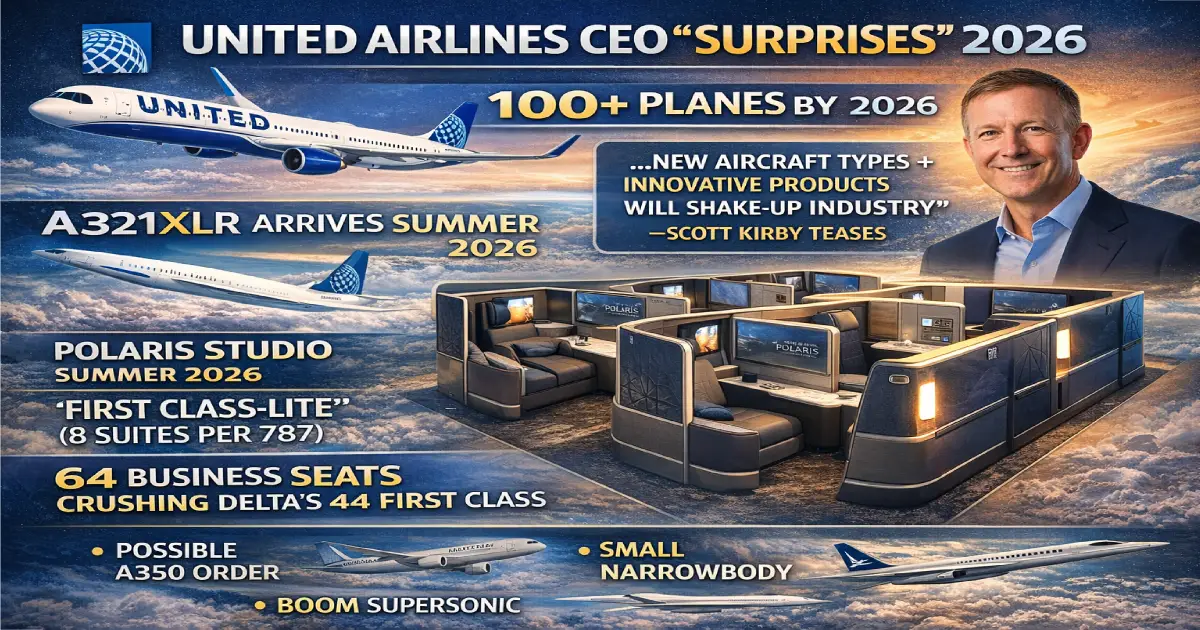 United Polaris Studio 787-9 interior 64 business seats 2026, 8 first-class-lite suites, beating Delta 44 first premium war