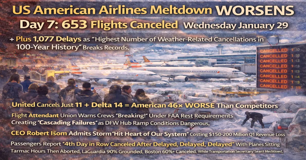 US American Airlines meltdown day 7 January 29 2026 map showing 653 flights canceled Wednesday 100 year record broken crew scheduling collapse flight attendants unable FAA rest 46 times worse United 11 Delta 14 canceled DFW LaGuardia Boston hardest hit passengers stranded