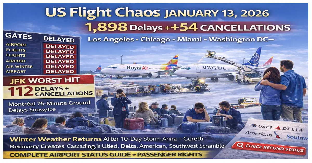 US flight chaos January 13 2026 1898 delays 54 cancellations JFK 112 delays Chicago 65 Washington DC 79 snow ice Storm Goretti backlog