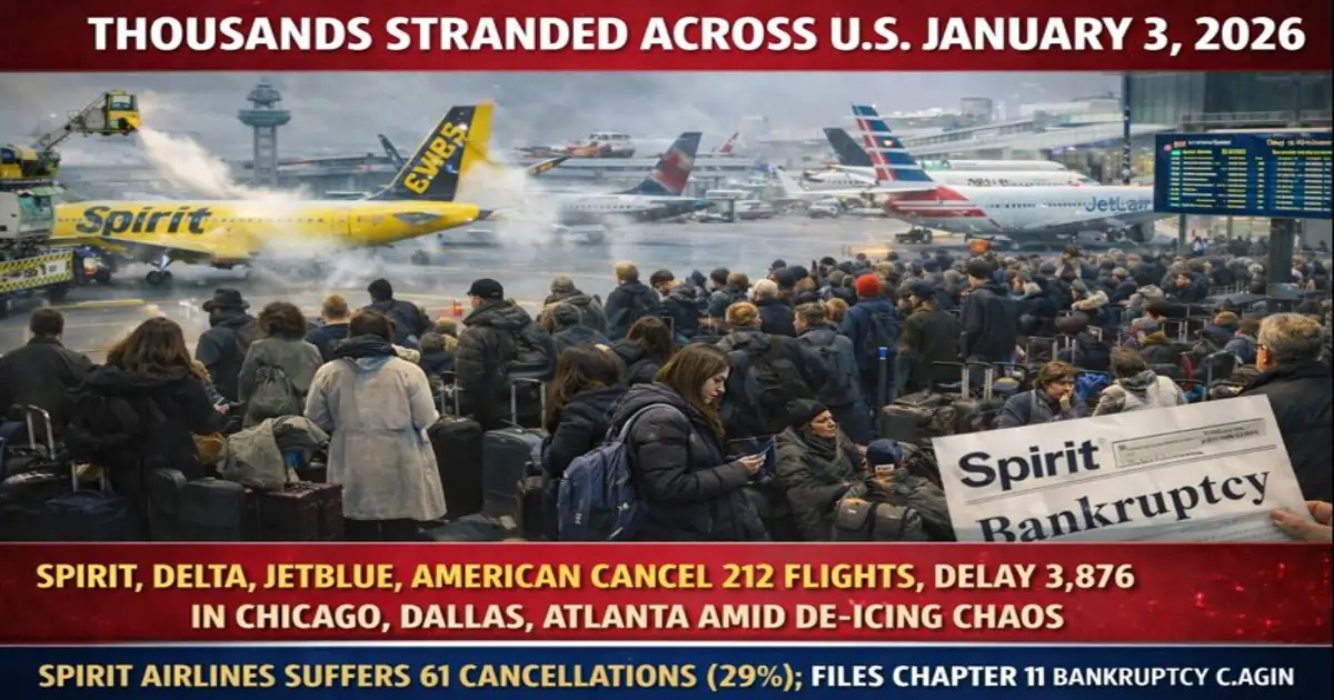 US flight cancellations delays January 3 2026 Spirit Airlines bankruptcy Atlanta Fort Lauderdale Boston airports chaos