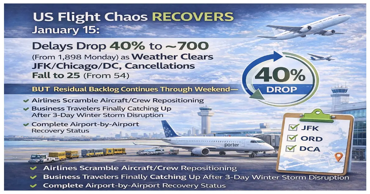 US flight recovery January 15 2026 delays drop 63 percent JFK Chicago Washington DC normal operations weather cleared airports back online