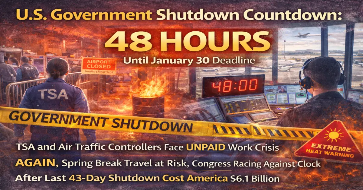 US government shutdown countdown January 30 2026 showing 48 hours until deadline TSA air traffic controllers airport chaos Congress spring break travel crisis
