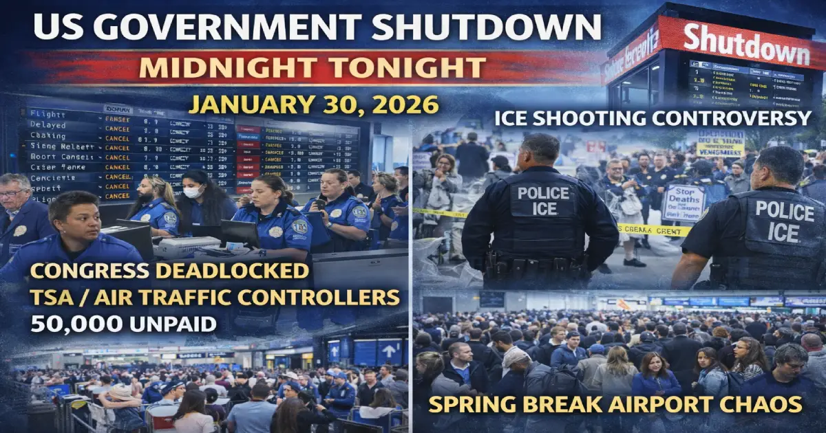US government shutdown midnight tonight January 30 2026 Congress deadlocked TSA air traffic controllers 50000 unpaid ICE shooting controversy spring break airport chaos