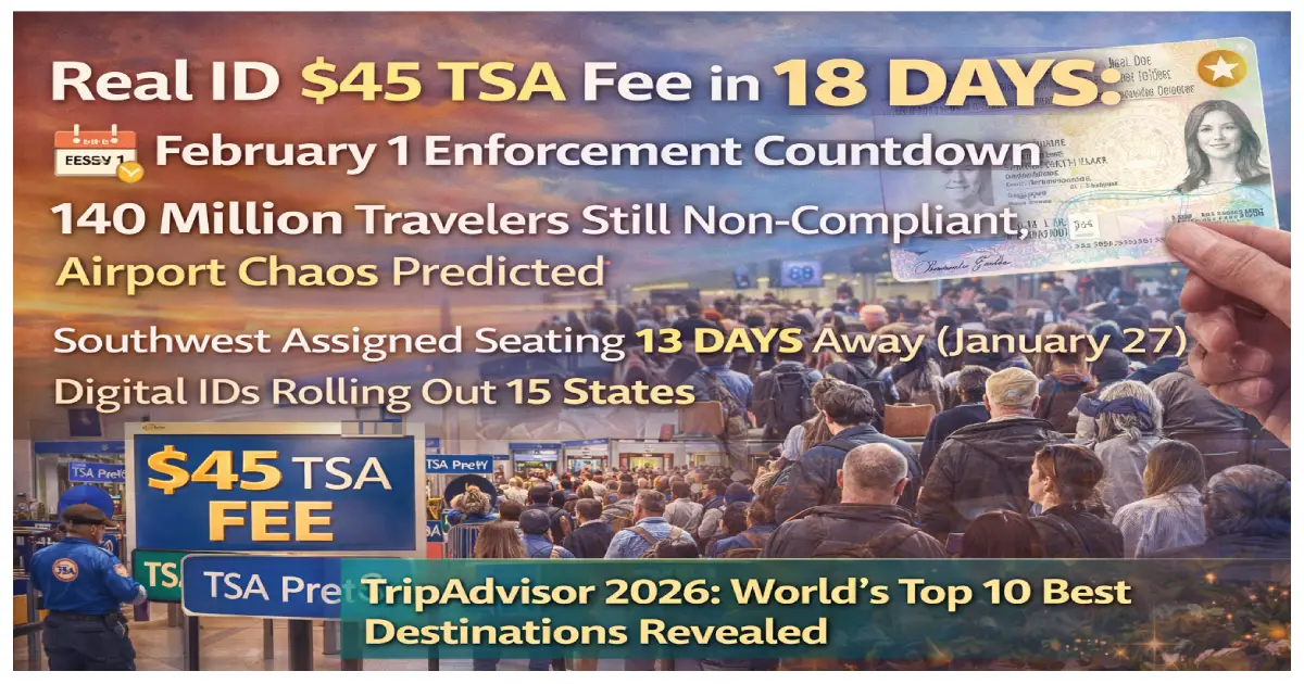 US TSA airport security checkpoint Real ID requirement $45 fee 18 days countdown February 1 2026 enforcement travelers non-compliant driver license