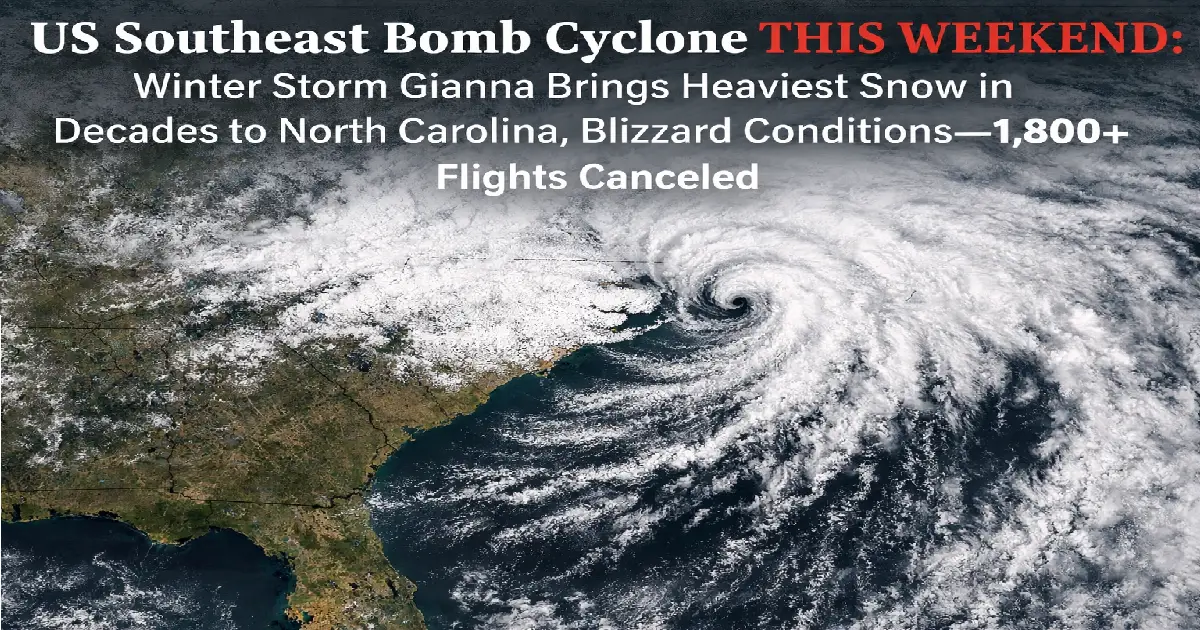 US Southeast bomb cyclone Winter Storm Gianna satellite view showing massive nor'easter bringing 8-12 inches snow to North Carolina coast blizzard conditions January 31 2026