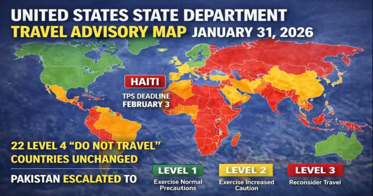 United States State Department travel advisory map January 31 2026 showing Haiti TPS deadline February 3 with 22 Level 4 Do Not Travel countries unchanged and Pakistan escalated to Level 3