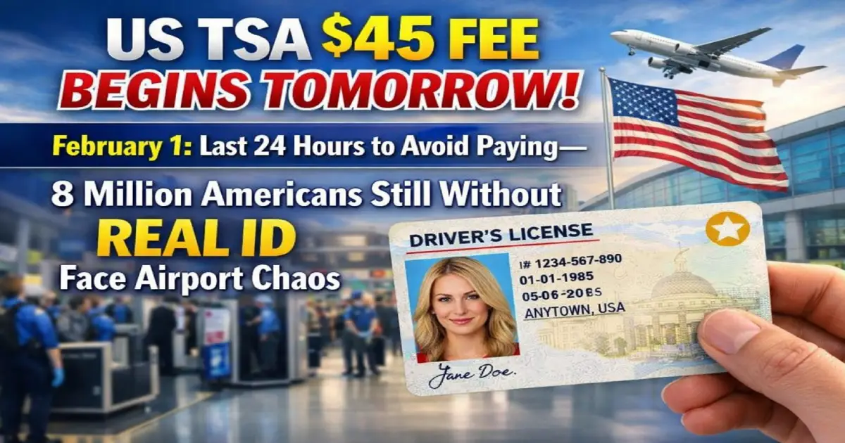 US TSA security checkpoint showing $45 ConfirmID fee payment kiosk launching tomorrow February 1 2026 for travelers without REAL ID American airports