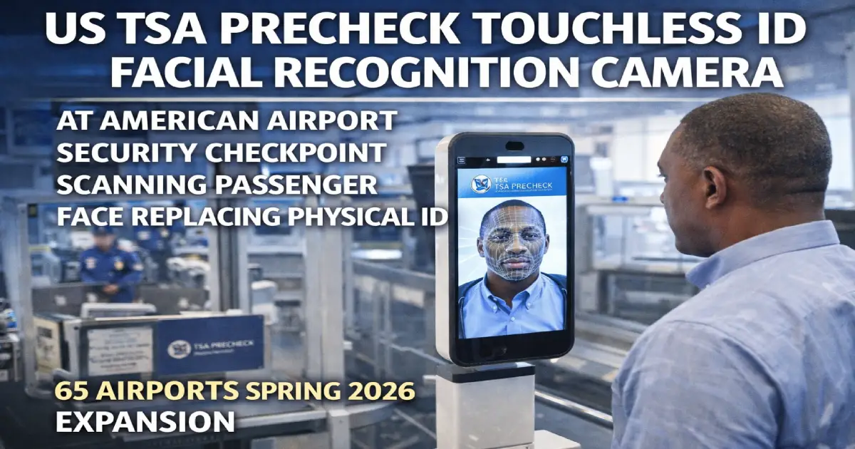 US TSA PreCheck Touchless ID facial recognition camera at American airport security checkpoint scanning passenger face replacing physical ID 65 airports Spring 2026 expansion