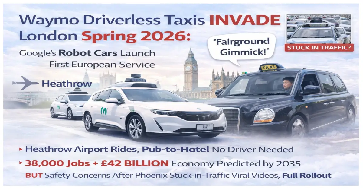 Waymo driverless autonomous robot taxi London Spring 2026 Google Alphabet Jaguar I-PACE black cabs Westminster Kensington Heathrow Airport no driver