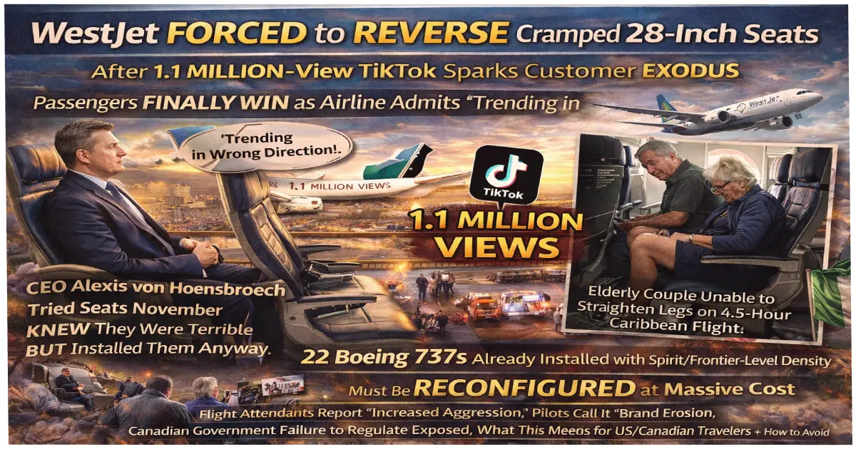 WestJet Boeing 737 MAX 8 cramped economy seats with 28-inch pitch showing elderly passengers unable to straighten legs sparking 1.1 million view TikTok video that forced airline to reverse densification and restore 30-inch standard seat pitch January 2026