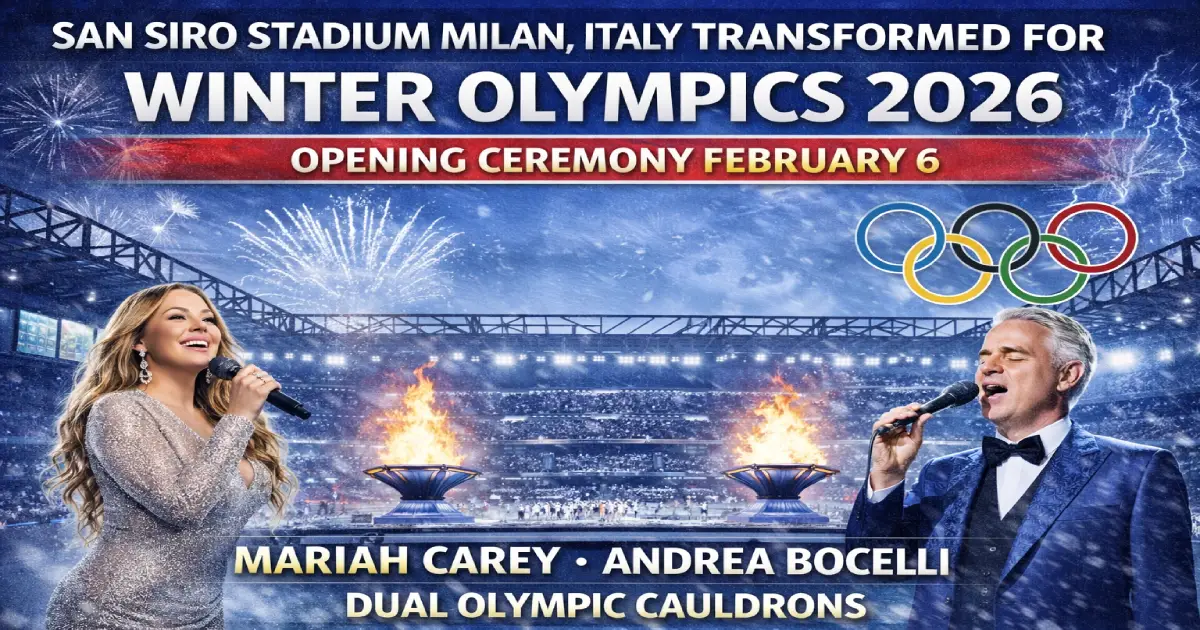 San Siro Stadium Milan Italy transformed for Winter Olympics 2026 opening ceremony February 6 featuring Mariah Carey Andrea Bocelli dual Olympic cauldrons